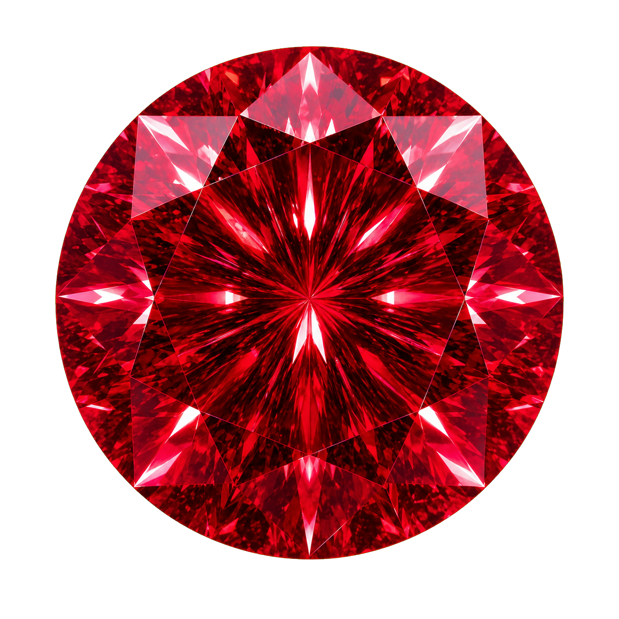 A round red ruby gemstone with brilliant-cut facets and a starburst center